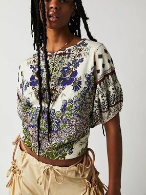 Free People Boho Cream Blue Brown Oversized Cotton Luly Tee Top, M